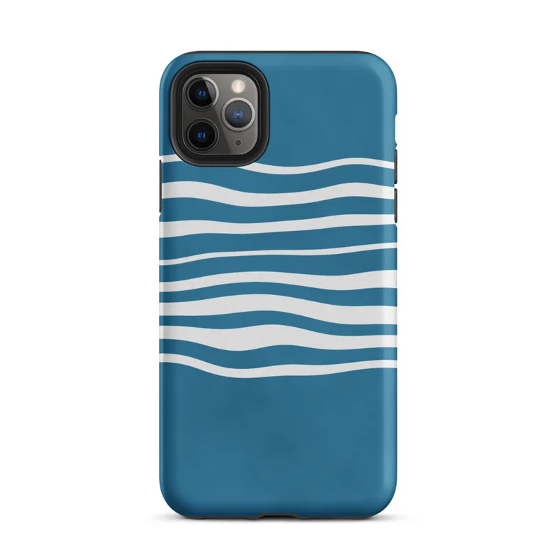 Matte Ocean Wave Lines Tough Case for iPhone — fluid white wavy horizontal lines layered across a rich teal blue background