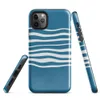 Glossy Ocean Wave Lines Tough Case for iPhone — fluid white wavy horizontal lines layered across a rich teal blue background