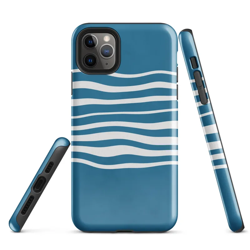 Glossy Ocean Wave Lines Tough Case for iPhone — fluid white wavy horizontal lines layered across a rich teal blue background