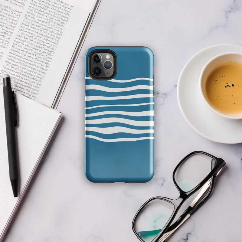 Glossy Ocean Wave Lines Tough Case for iPhone — fluid white wavy horizontal lines layered across a rich teal blue background