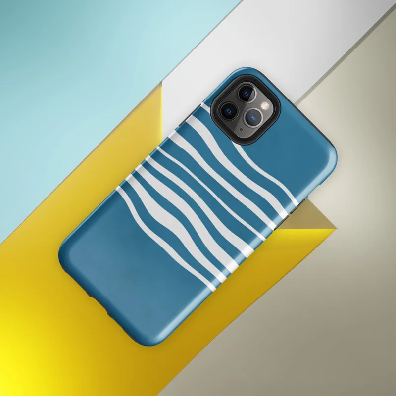 Glossy Ocean Wave Lines Tough Case for iPhone — fluid white wavy horizontal lines layered across a rich teal blue background