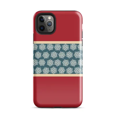 teal band of repeating geometric snowflake medallions in cream white, framed by ivory borders on a deep crimson red background on Glossy Crimson Snowflake Border Case - default view