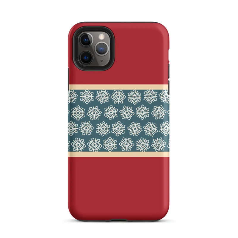Matte Crimson Snowflake Border Tough Case for iPhone — teal band of repeating geometric snowflake medallions in cream white