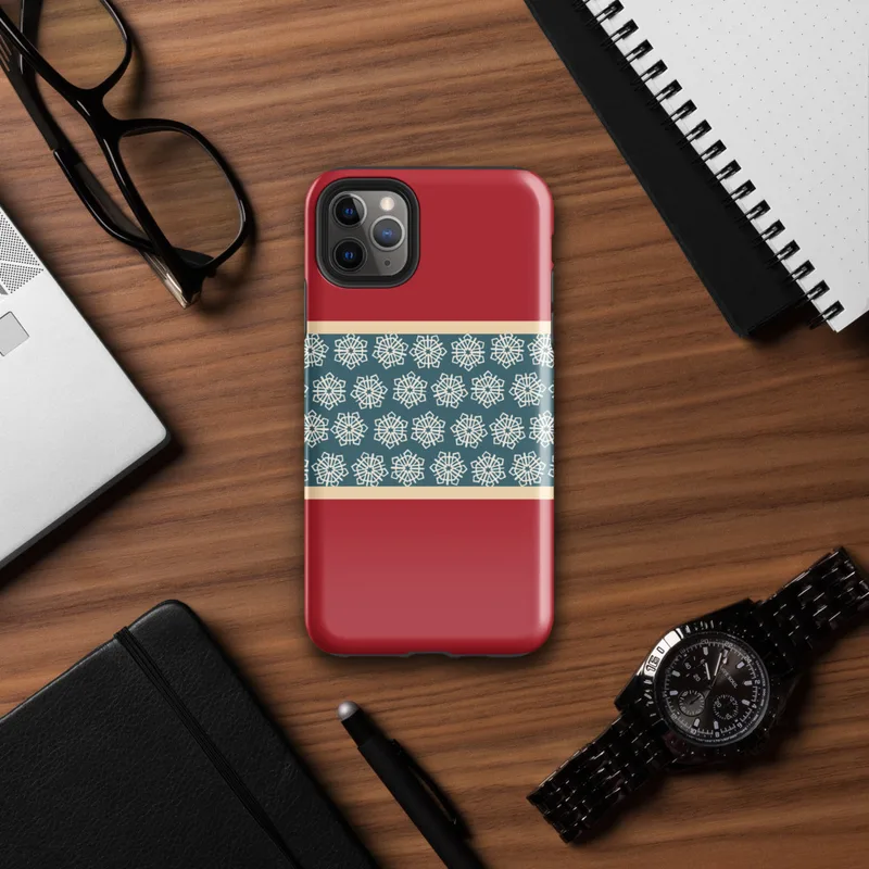 Glossy Crimson Snowflake Border Tough Case for iPhone — teal band of repeating geometric snowflake medallions in cream