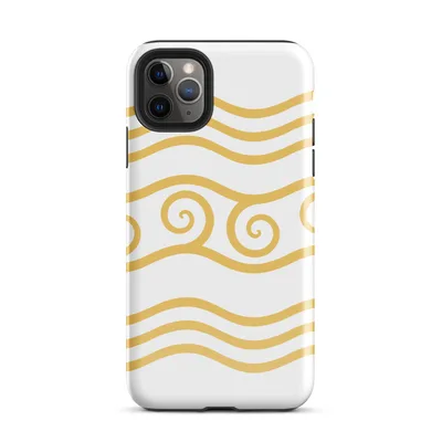 repeating golden wave lines and ornate spiral crests in warm amber on a white background, inspired by classical decorative art on Glossy Golden Tides Wave Pattern - default view