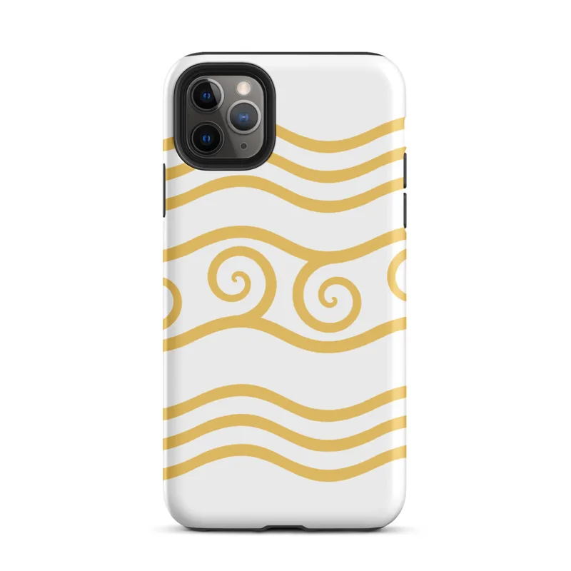 Matte Golden Tides Wave Pattern Tough Case for iPhone — repeating golden wave lines and ornate spiral crests in warm amber