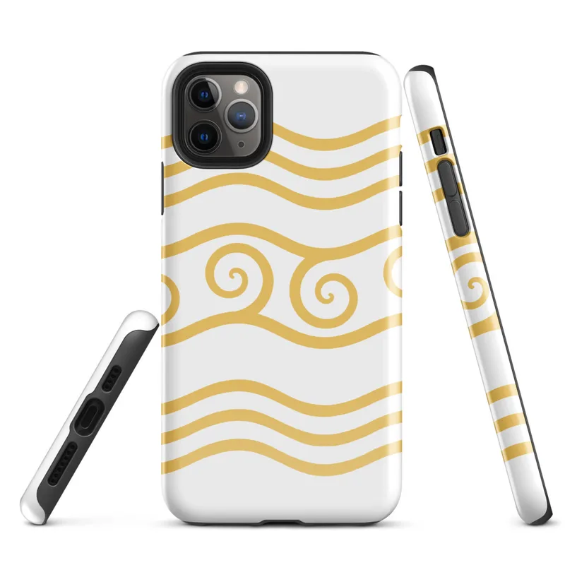 Glossy Golden Tides Wave Pattern Tough Case for iPhone — repeating golden wave lines and ornate spiral crests in warm amber