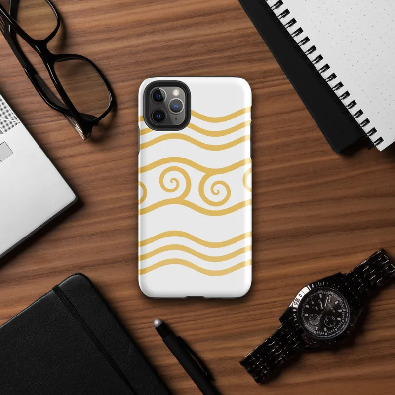 Glossy Golden Tides Wave Pattern Tough Case for iPhone — repeating golden wave lines and ornate spiral crests in warm amber