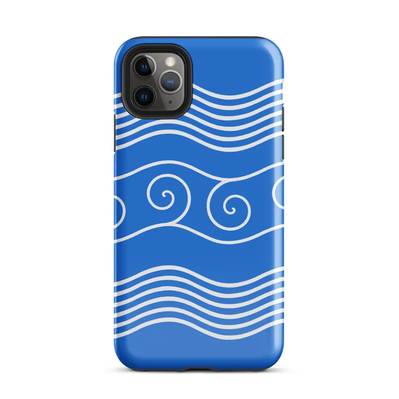 Glossy Ocean Waves Blue Tide Tough Case for iPhone — white flowing wave lines and spiral scroll crests repeating across