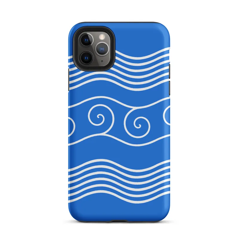 Matte Ocean Waves Blue Tide Tough Case for iPhone — white flowing wave lines and spiral scroll crests repeating across