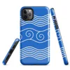 Glossy Ocean Waves Blue Tide Tough Case for iPhone — white flowing wave lines and spiral scroll crests repeating across
