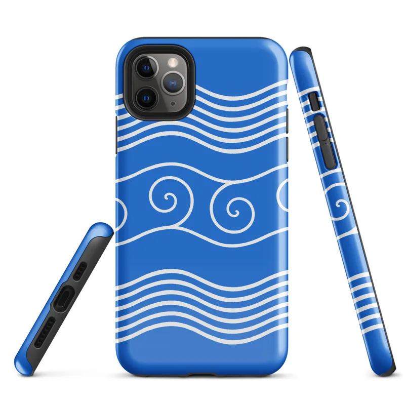 Glossy Ocean Waves Blue Tide Tough Case for iPhone — white flowing wave lines and spiral scroll crests repeating across