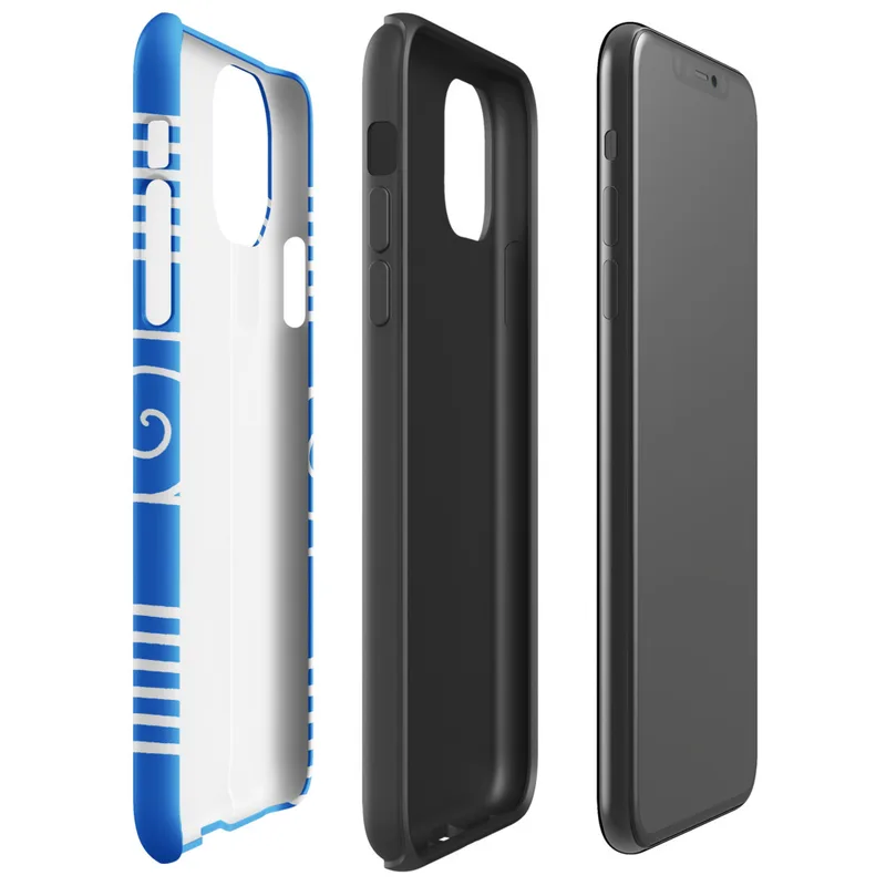 Glossy Ocean Waves Blue Tide Tough Case for iPhone — white flowing wave lines and spiral scroll crests repeating across