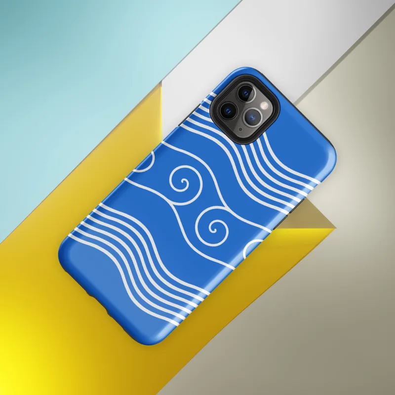 Glossy Ocean Waves Blue Tide Tough Case for iPhone — white flowing wave lines and spiral scroll crests repeating across