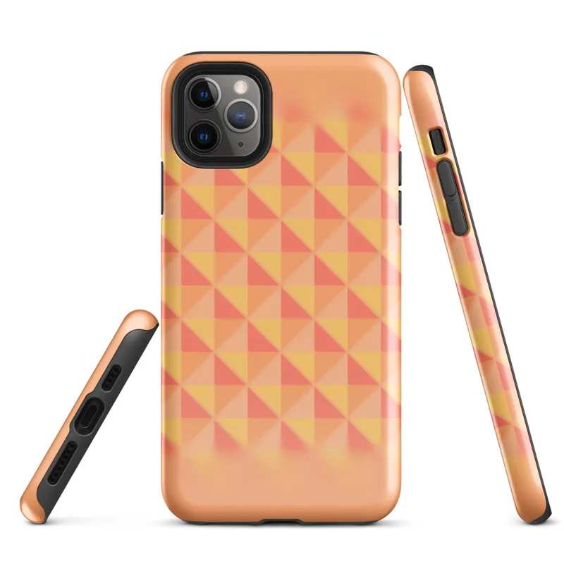 Glossy Warm Geometric Triangle Pattern Tough Case for iPhone — repeating pinwheel triangles in coral, golden yellow, peach