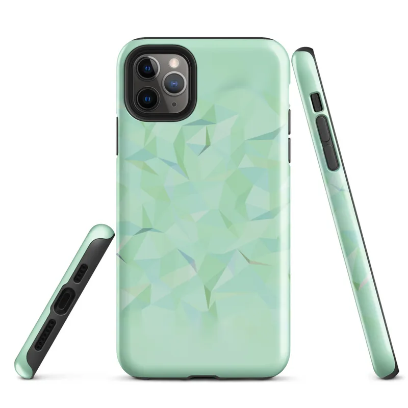Glossy Mint Crystal Geometric Tough Case for iPhone — low-poly geometric triangles in soft mint, sage, seafoam, and pale