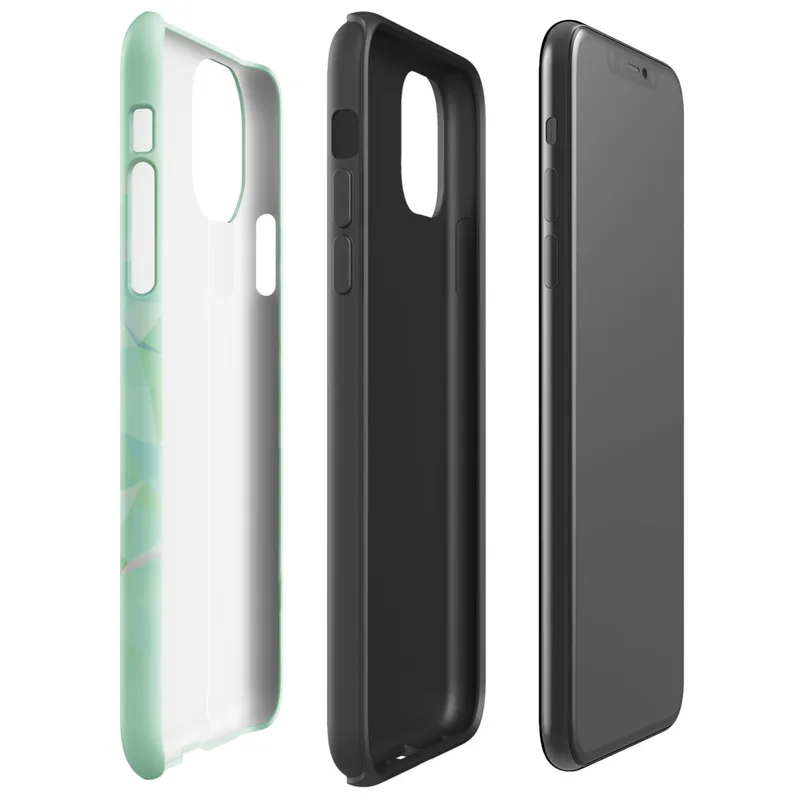 Glossy Mint Crystal Geometric Tough Case for iPhone — low-poly geometric triangles in soft mint, sage, seafoam, and pale