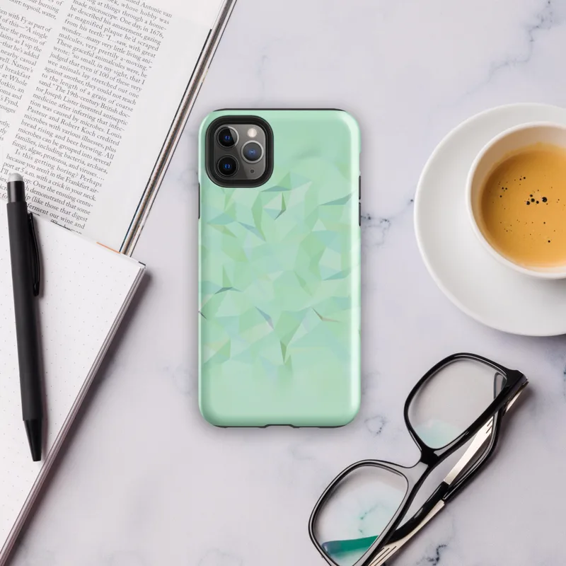 Glossy Mint Crystal Geometric Tough Case for iPhone — low-poly geometric triangles in soft mint, sage, seafoam, and pale