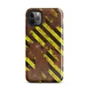 Glossy Rusted Hazard Zone Tough Case for iPhone — weathered rust-brown metal surface covered in diagonal yellow and black