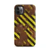Matte Rusted Hazard Zone Tough Case for iPhone — weathered rust-brown metal surface covered in diagonal yellow and black