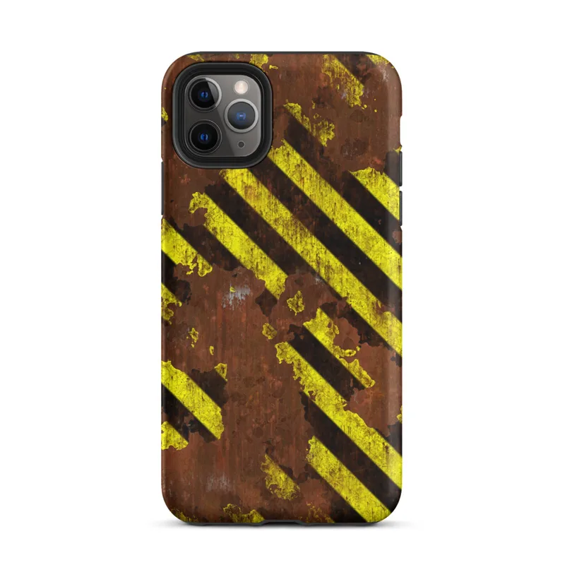 Matte Rusted Hazard Zone Tough Case for iPhone — weathered rust-brown metal surface covered in diagonal yellow and black
