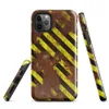 Glossy Rusted Hazard Zone Tough Case for iPhone — weathered rust-brown metal surface covered in diagonal yellow and black