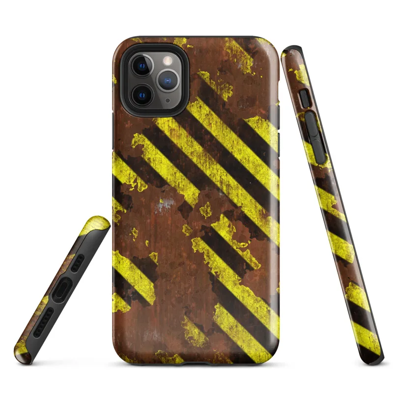 Glossy Rusted Hazard Zone Tough Case for iPhone — weathered rust-brown metal surface covered in diagonal yellow and black