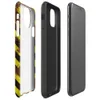 Glossy Rusted Hazard Zone Tough Case for iPhone — weathered rust-brown metal surface covered in diagonal yellow and black