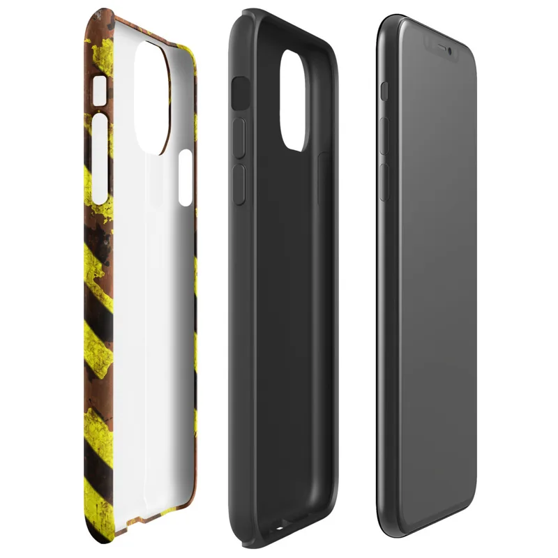 Glossy Rusted Hazard Zone Tough Case for iPhone — weathered rust-brown metal surface covered in diagonal yellow and black