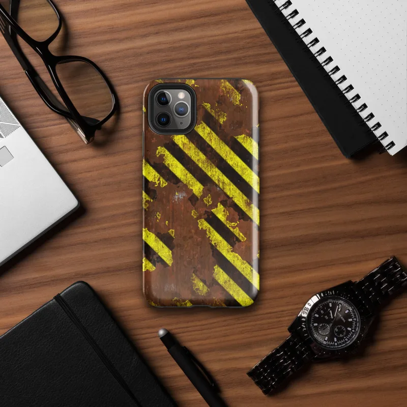 Glossy Rusted Hazard Zone Tough Case for iPhone — weathered rust-brown metal surface covered in diagonal yellow and black