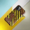 Glossy Rusted Hazard Zone Tough Case for iPhone — weathered rust-brown metal surface covered in diagonal yellow and black