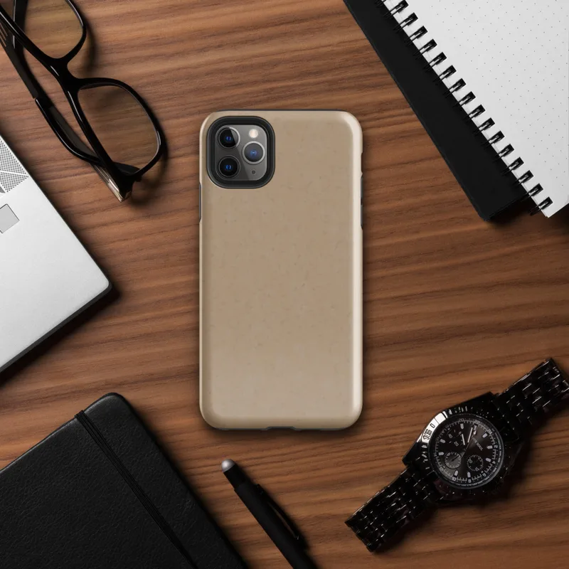 Glossy Warm Sand Minimal Tough Case for iPhone — smooth warm sand beige surface with subtle light speckles and soft tonal