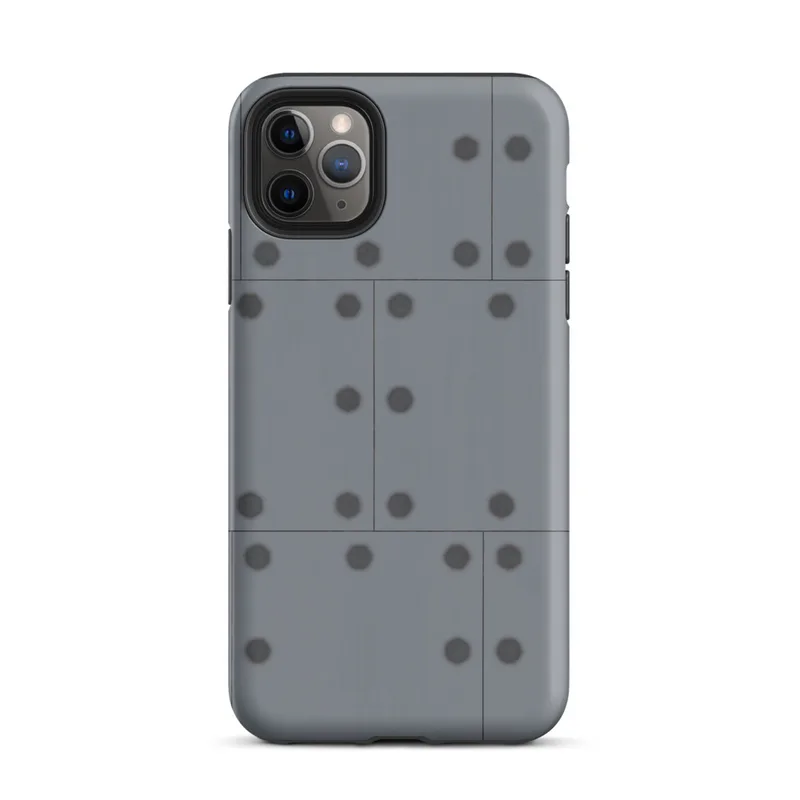 Matte Industrial Grid Steel Panel Tough Case for iPhone — repeating grid of cool slate grey metal panels with dark circular
