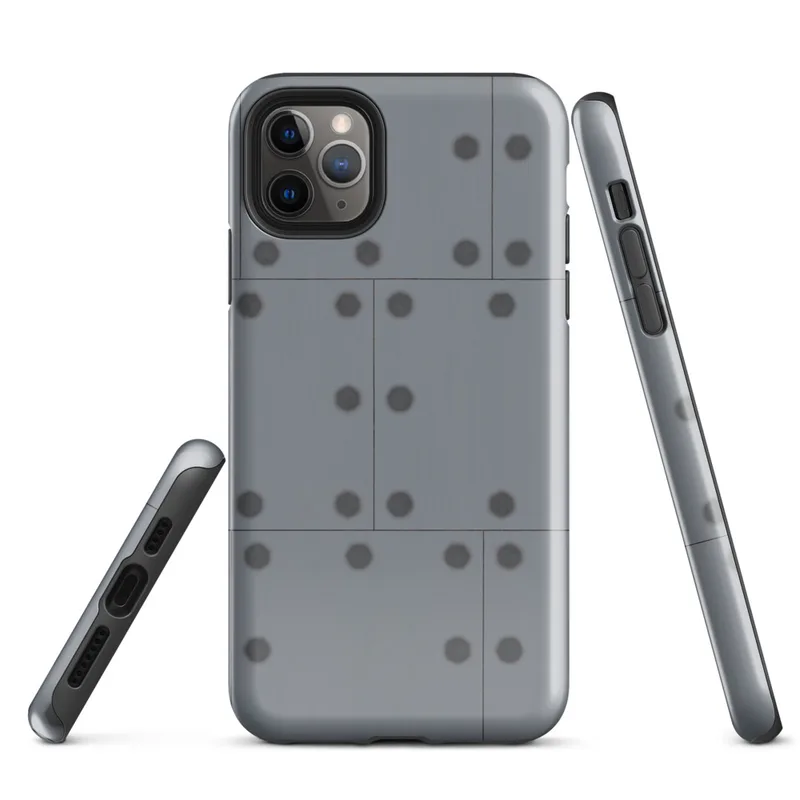 Glossy Industrial Grid Steel Panel Tough Case for iPhone — repeating grid of cool slate grey metal panels with dark circular