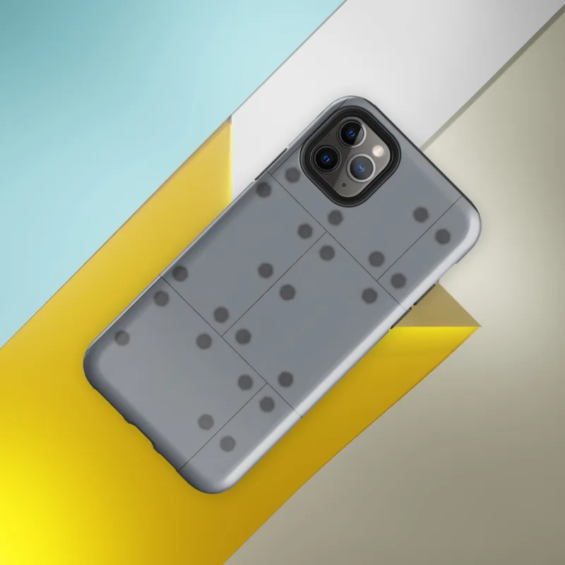 Glossy Industrial Grid Steel Panel Tough Case for iPhone — repeating grid of cool slate grey metal panels with dark circular