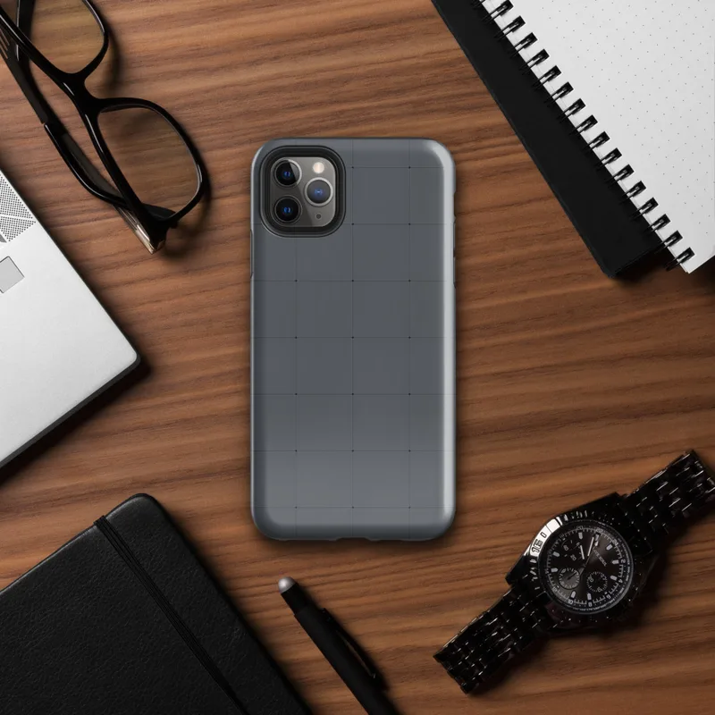 Glossy Dark Grid Minimal Tough Case for iPhone — uniform grid of dark charcoal square tiles with subtle tonal variation