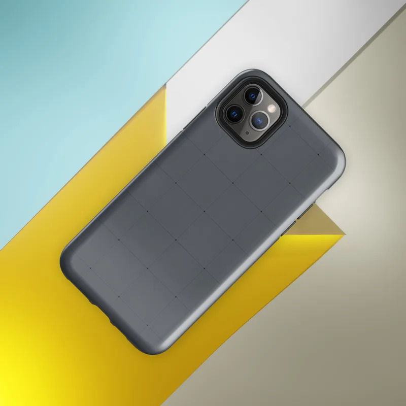 Glossy Dark Grid Minimal Tough Case for iPhone — uniform grid of dark charcoal square tiles with subtle tonal variation