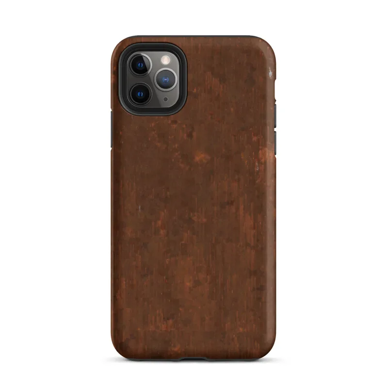 Matte Rust and Iron Shield Tough Case for iPhone — photorealistic weathered rust metal surface with deep burnt sienna, dark