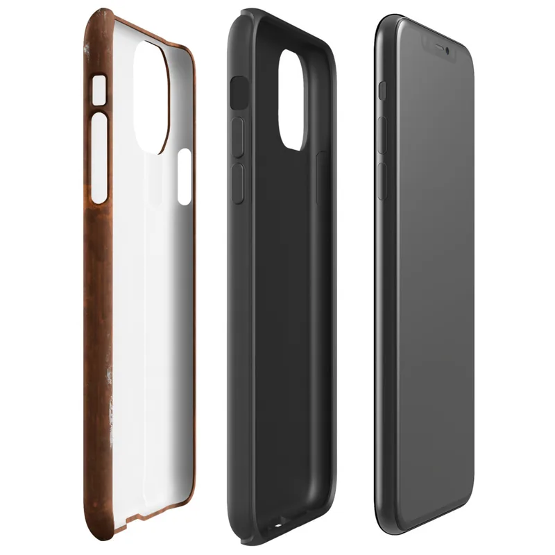 Glossy Rust and Iron Shield Tough Case for iPhone — photorealistic weathered rust metal surface with deep burnt sienna, dark