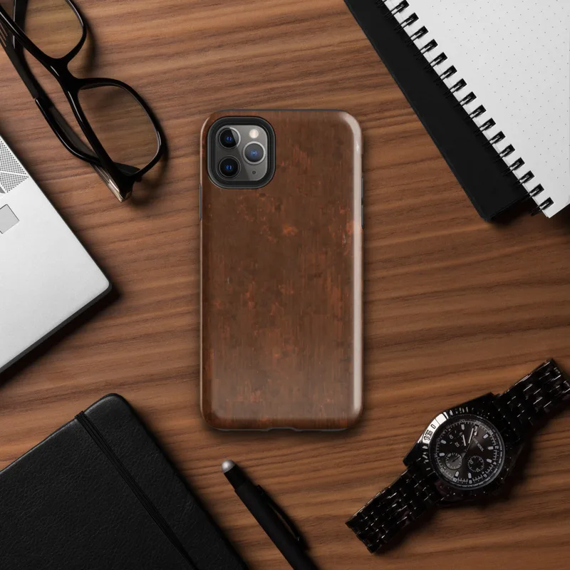 Glossy Rust and Iron Shield Tough Case for iPhone — photorealistic weathered rust metal surface with deep burnt sienna, dark