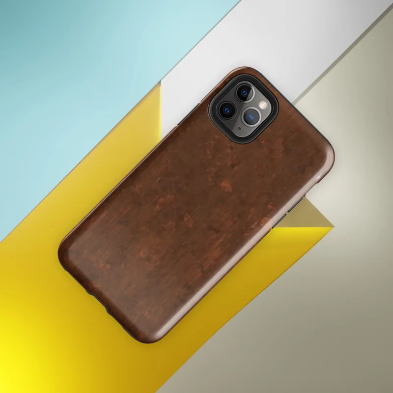 Glossy Rust and Iron Shield Tough Case for iPhone — photorealistic weathered rust metal surface with deep burnt sienna, dark