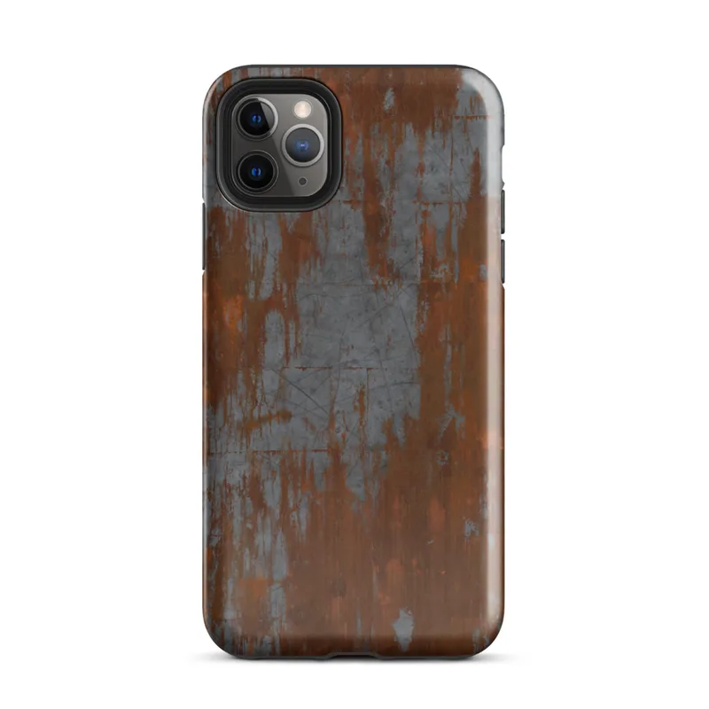 Glossy Iron Decay Rust Metal Tough Case for iPhone — heavily rusted steel surface with streaks of burnt sienna and orange