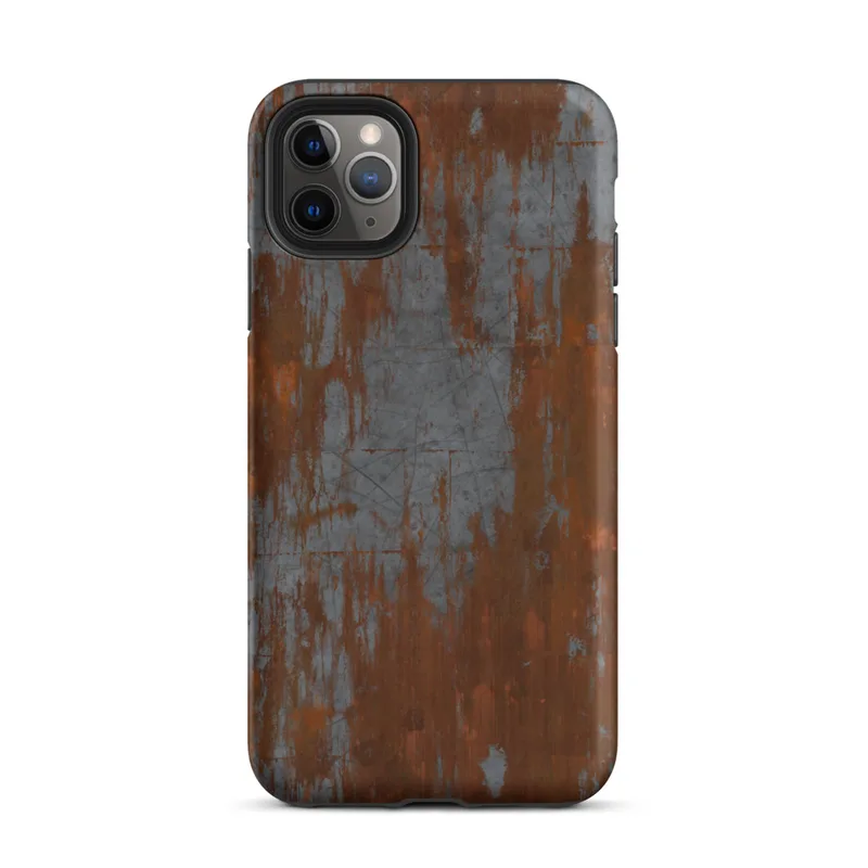 Matte Iron Decay Rust Metal Tough Case for iPhone — heavily rusted steel surface with streaks of burnt sienna and orange