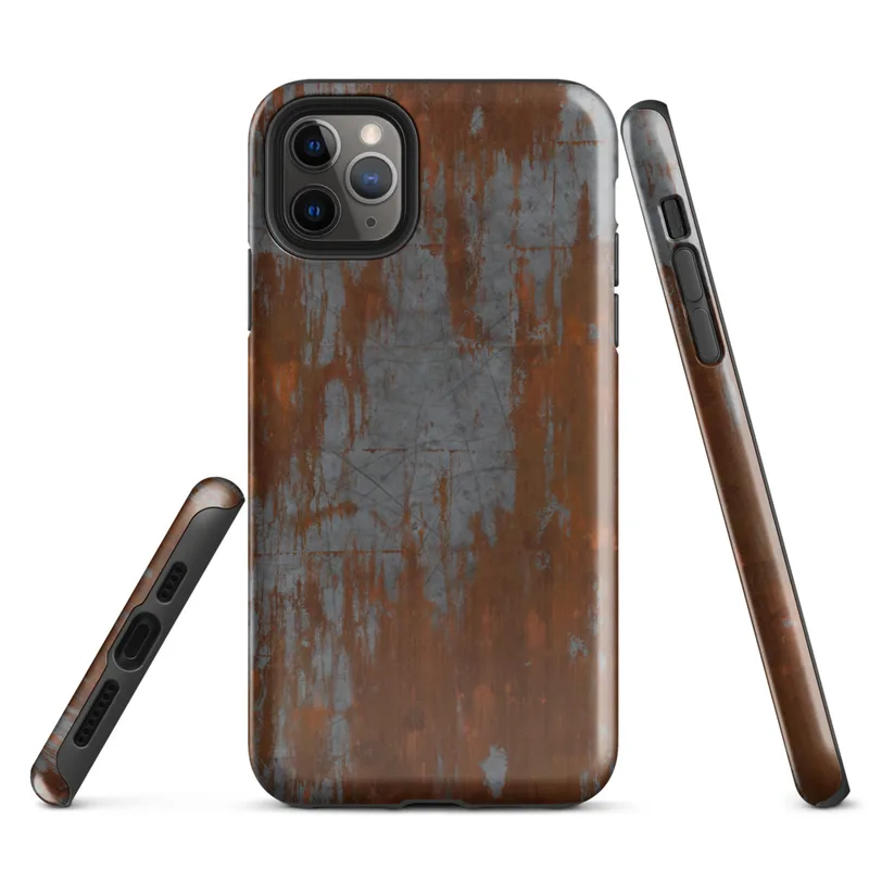 Glossy Iron Decay Rust Metal Tough Case for iPhone — heavily rusted steel surface with streaks of burnt sienna and orange