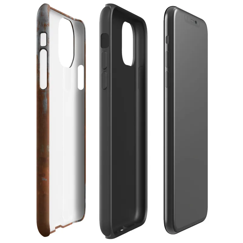 Glossy Iron Decay Rust Metal Tough Case for iPhone — heavily rusted steel surface with streaks of burnt sienna and orange