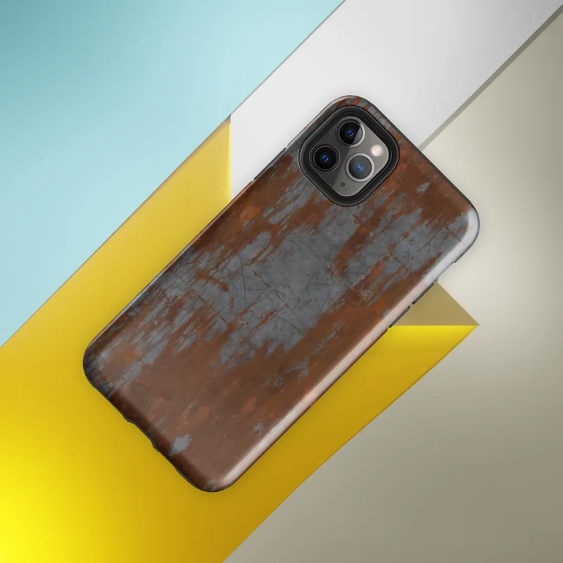 Glossy Iron Decay Rust Metal Tough Case for iPhone — heavily rusted steel surface with streaks of burnt sienna and orange