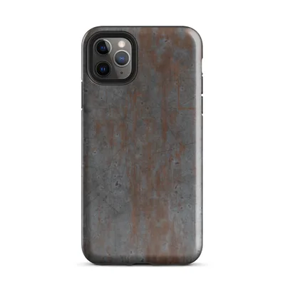 weathered steel plate with streaks of oxidized rust, surface scratches, pitting marks, and a gunmetal gray and copper color palette on Glossy Industrial Rust Metal iPhone Case - default view