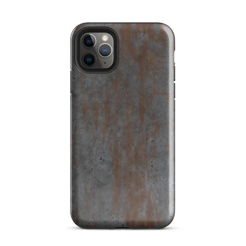 Glossy Industrial Rust Metal Tough Case for iPhone — weathered steel plate with streaks of oxidized rust, surface scratches