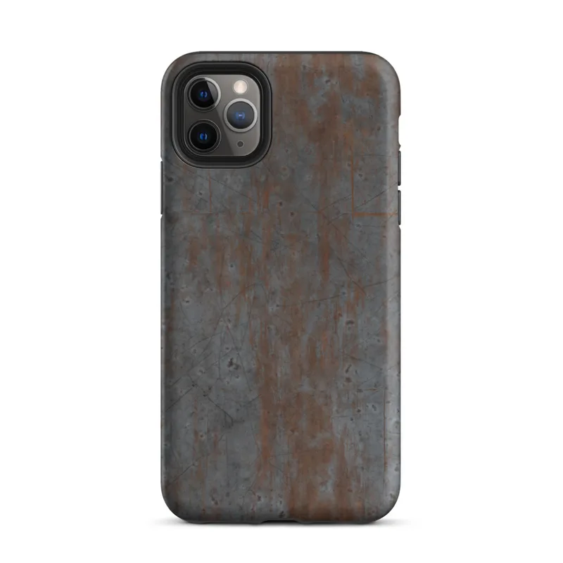 Matte Industrial Rust Metal Tough Case for iPhone — weathered steel plate with streaks of oxidized rust, surface scratches
