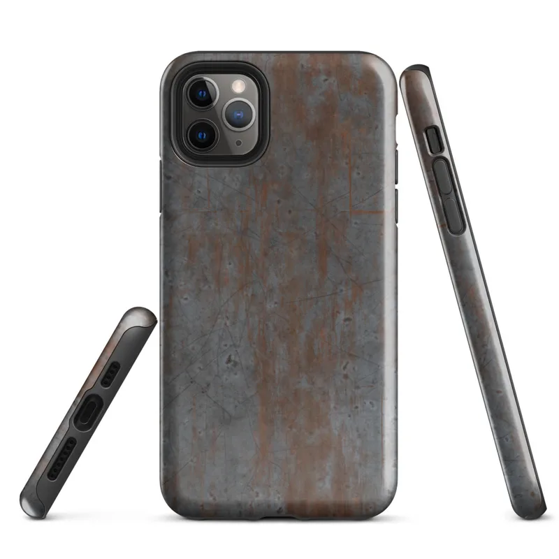 Glossy Industrial Rust Metal Tough Case for iPhone — weathered steel plate with streaks of oxidized rust, surface scratches